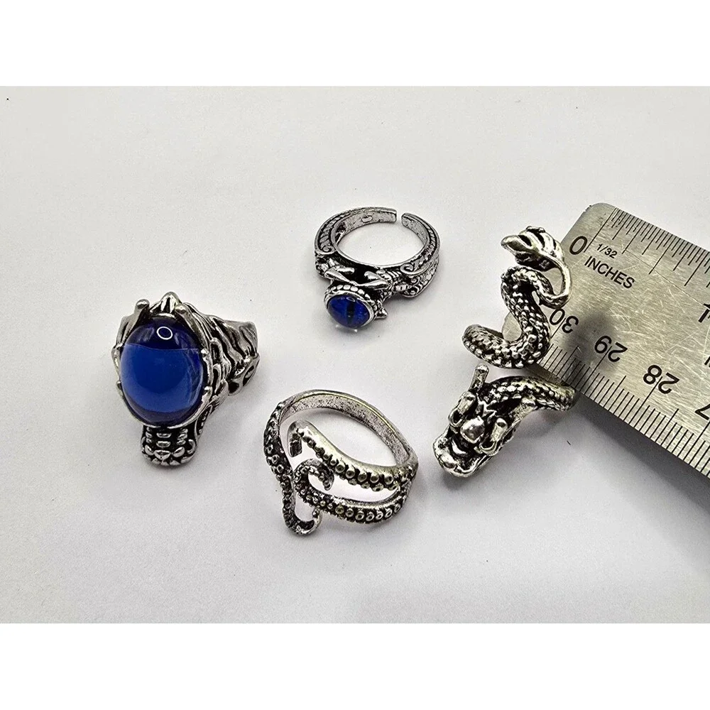 4pc Gothic Ring Lot Blue Stone Dragon Head Octopus Evil Eye  Sz 5.5-8.5